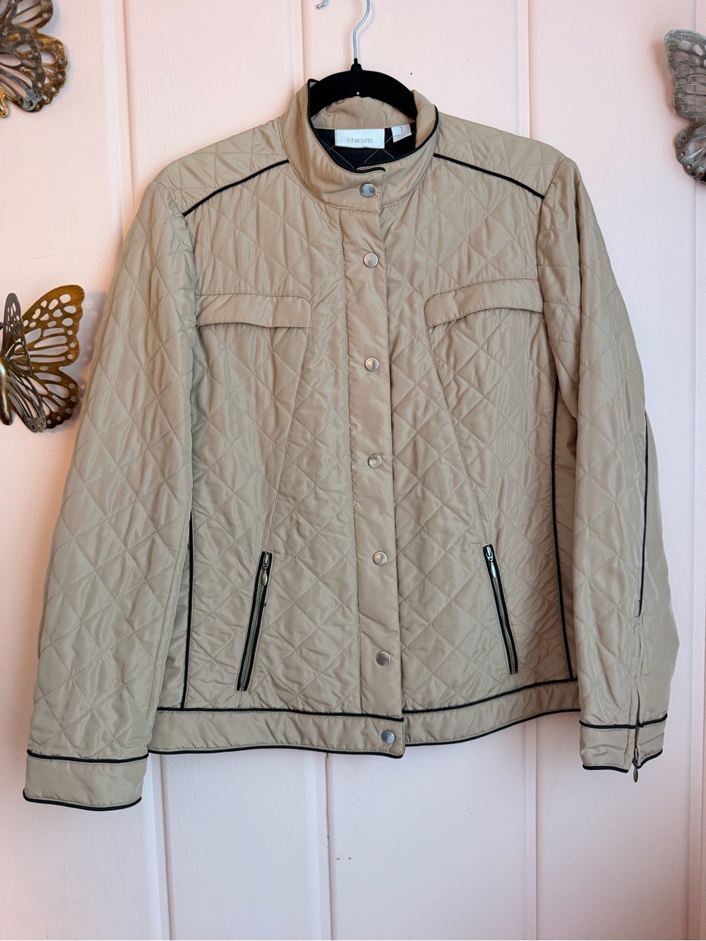 Chico's Beige Quilted Puffer Jacket with Black Trim